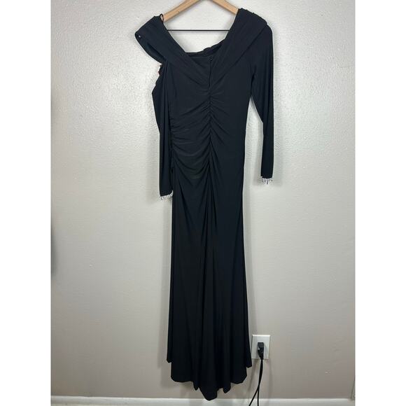 Mac Duggal One Shoulder Bewjewled Cuff Sleeve Gown Black Sz 4 Formal - Picture 9 of 9